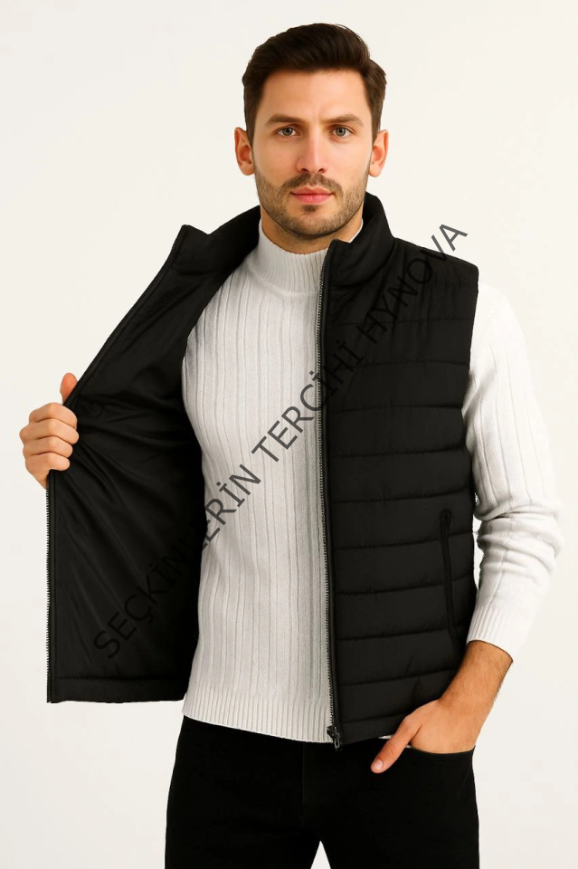 Erkek Şişme Fermuarlı Yelek Su Itici Kapitone Astarlı Kumaş Cepli Hafif Kışlık Spor Rahat Kalıp - Siyah