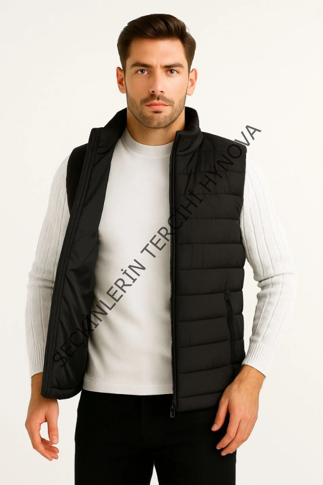 Erkek Şişme Fermuarlı Yelek Su Itici Kapitone Astarlı Kumaş Cepli Hafif Kışlık Spor Rahat Kalıp - Siyah