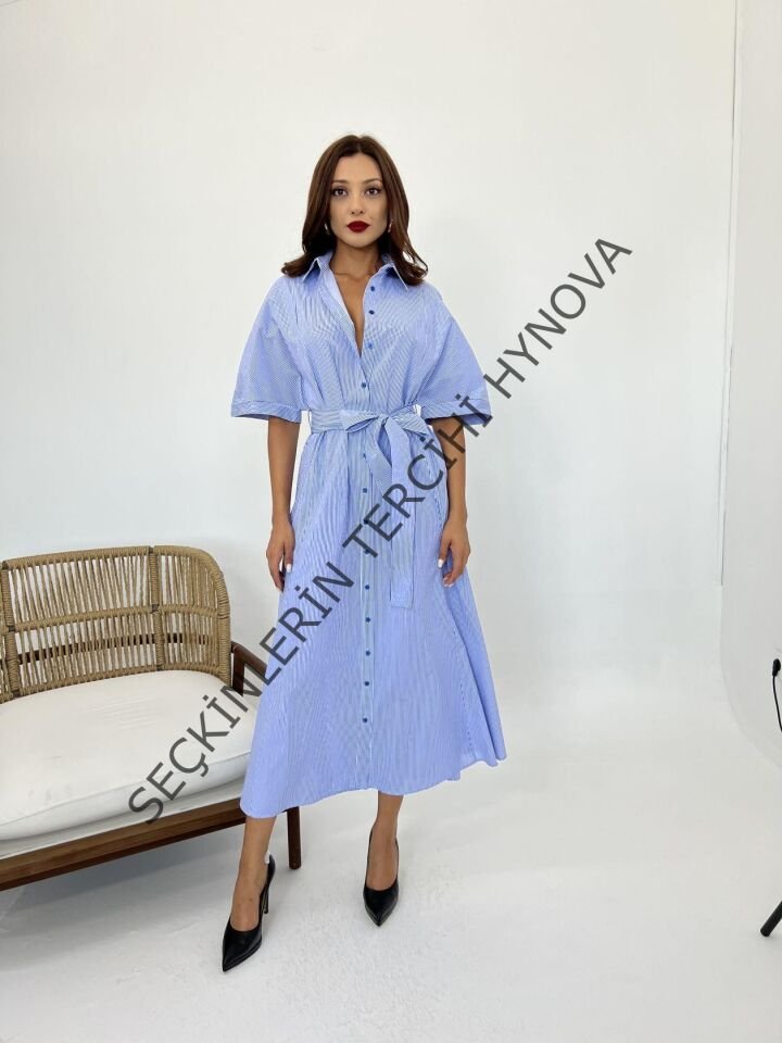 5318 ELBİSE-MAVİ BEYAZ ÇİZGİLİ