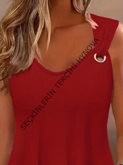 Kadın Askılı V Yaka Kuş Gözü Detaylı Viskon Bluz