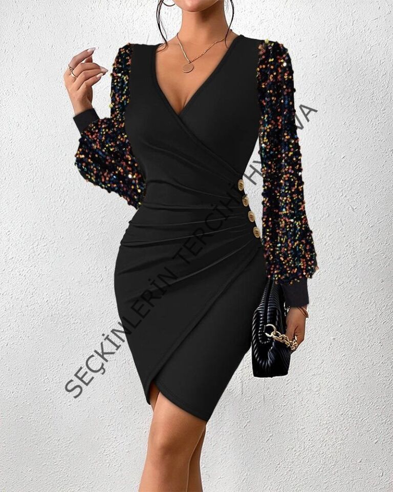 Kadın Uzun Kollu Pul Payetli Kruvaze Yaka Yandan Düğmeli Kısa Ithal Krep Elbise