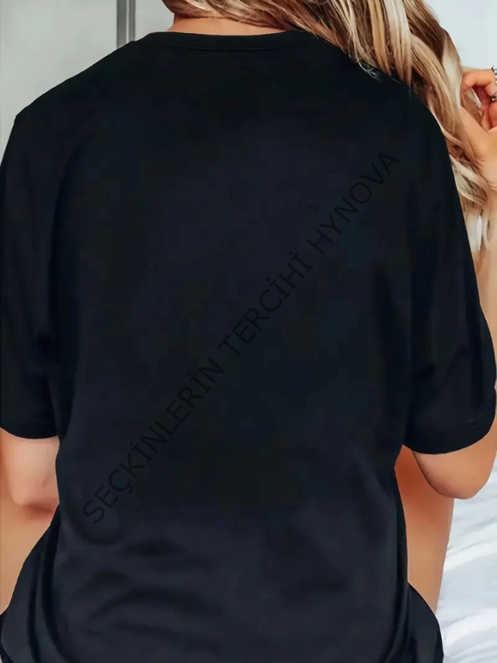 Baskılı Oversize Bisiklet Yaka T-shirt - Siyah