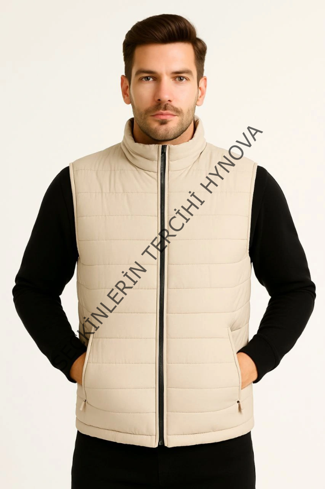 Erkek Şişme Fermuarlı Yelek Su Itici Kapitone Astarlı Kumaş Cepli Hafif Kışlık Spor Rahat Kalıp -Bej