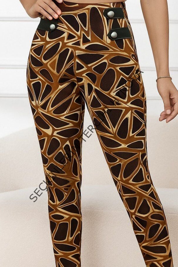 Kadın Yüksek Bel Kaz Ayağı Desenli Yan şerit Düğme Detaylı Dalgıç Pantolon