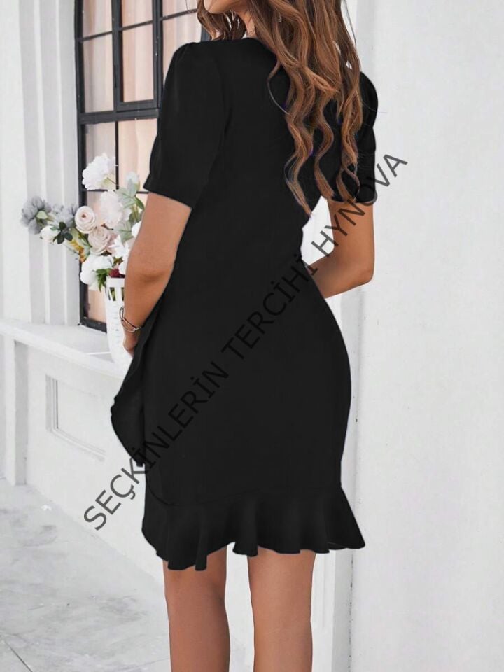 Kadın Kısa Kollu Bisiklet Yaka önden Fırfırlı Büzgülü Janjan Krep Kısa Elbise