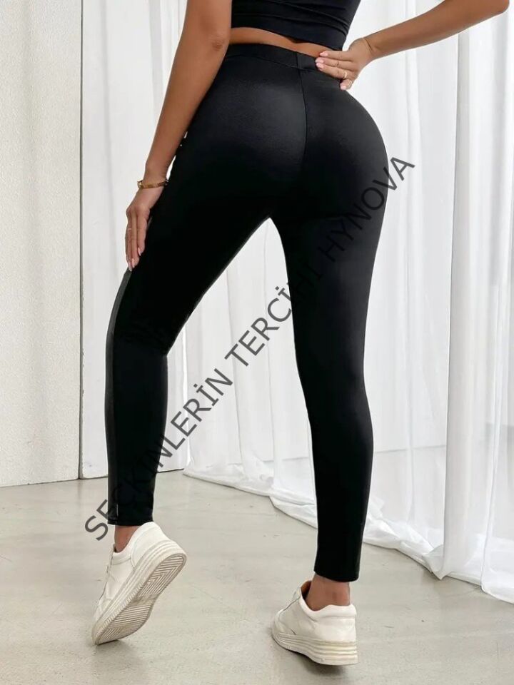 Kadın Yüksek Bel Yan şerit Deri Detay Fermuarlı Dalgıç Tayt