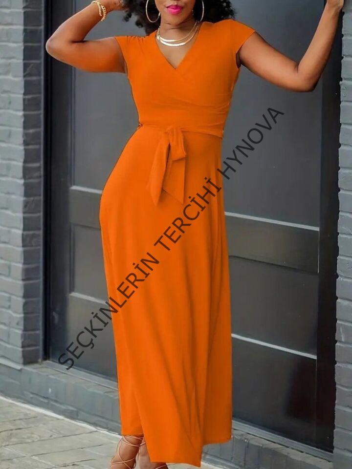 Kadın Kısa Kollu V Yakalı Belden Kuşaklı Maksi Boy Viskon Elbise