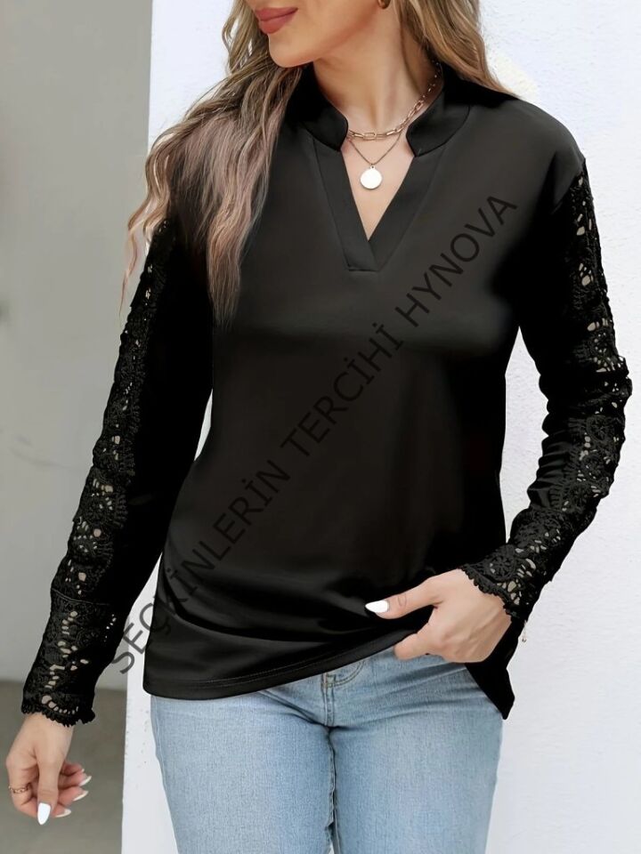 Kadın Uzun Kollu Hakim Yaka Kolları Dantel Detaylı Ithal Krep Bluz