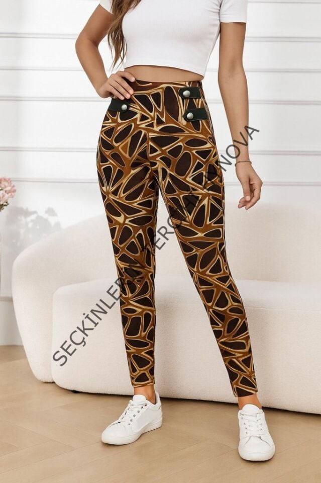 Kadın Yüksek Bel Kaz Ayağı Desenli Yan şerit Düğme Detaylı Dalgıç Pantolon