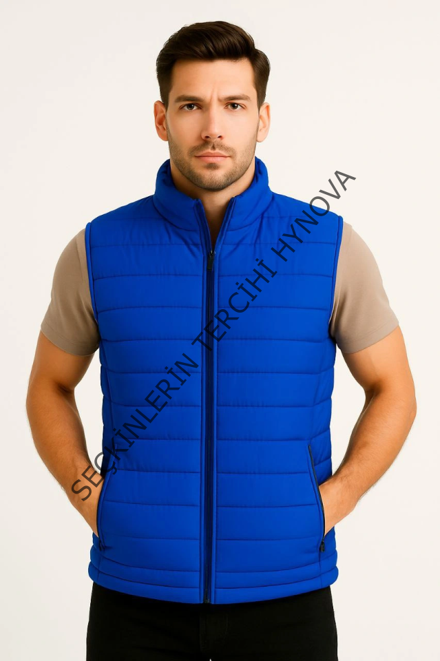 Erkek Şişme Fermuarlı Yelek Su Itici Kapitone Astarlı Kumaş Cepli Hafif Kışlık Spor Rahat Kalıp - Saks Mavisi