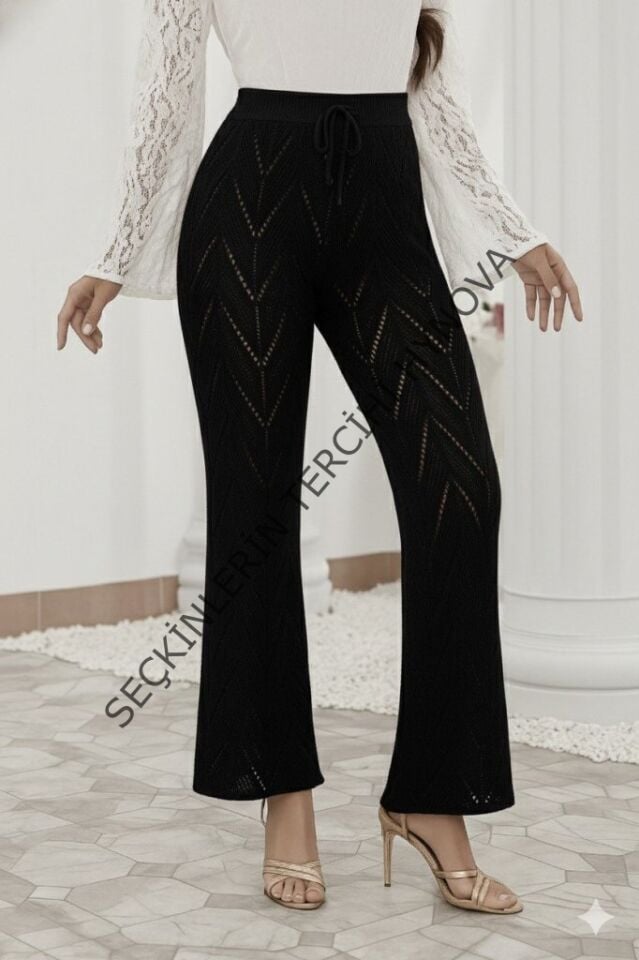 Kadın Yüksek Bel Bağcıklı Desenli Trikopantolon