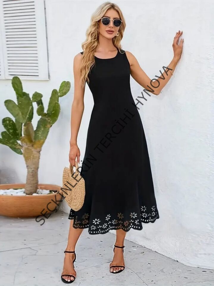 Kadın Kolsuz Etek Ucu Lazer Kesim çiçek Desenli Midi Boy Janjan Krep Elbise