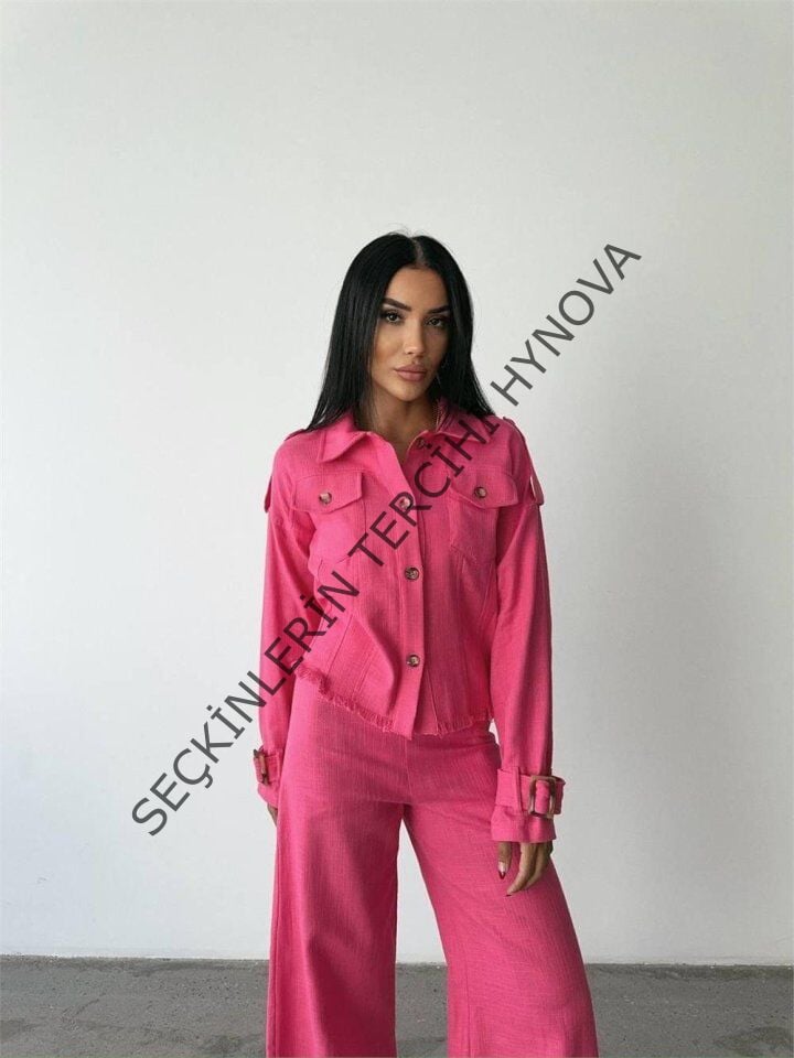 KETEN PÜSKÜL DETAYLI GÖMLEK-PANTOLON TAKIM - Fuşya