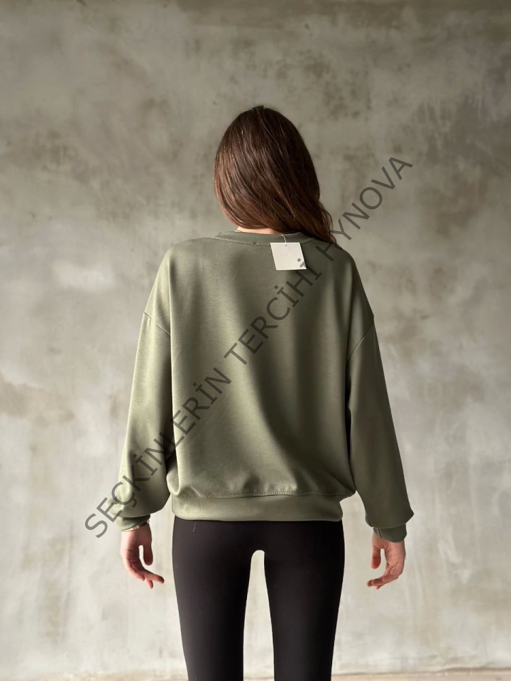 Osy Modal Yumuşak Dokulu Kumaş Bisiklet Yaka Oversize Sweatshirt - Haki