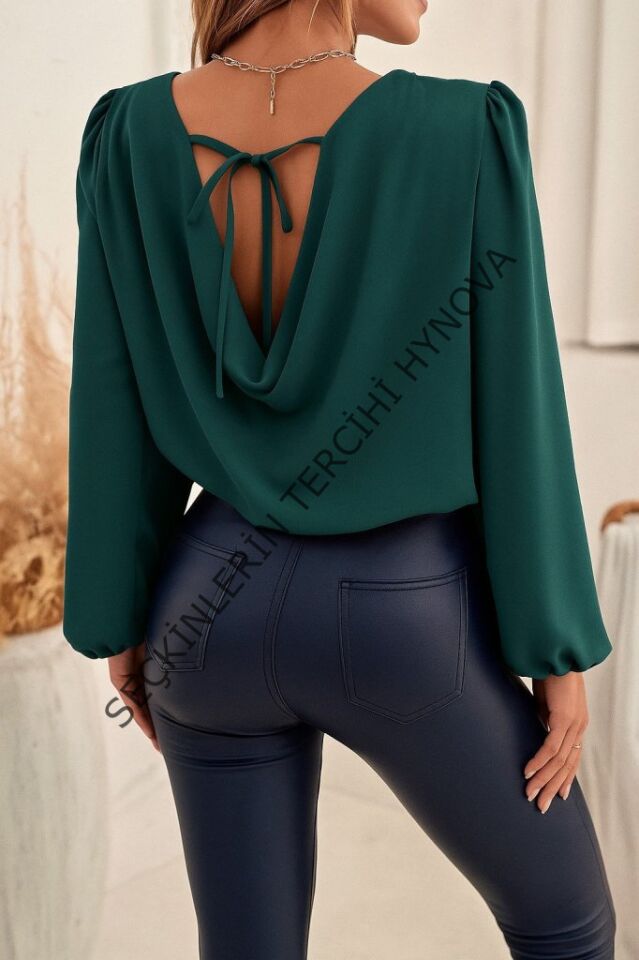 Kadın Uzun Kollu Yuvarlak Yaka Arkadan Bağcıklı Salaş Ithal Krep Bluz