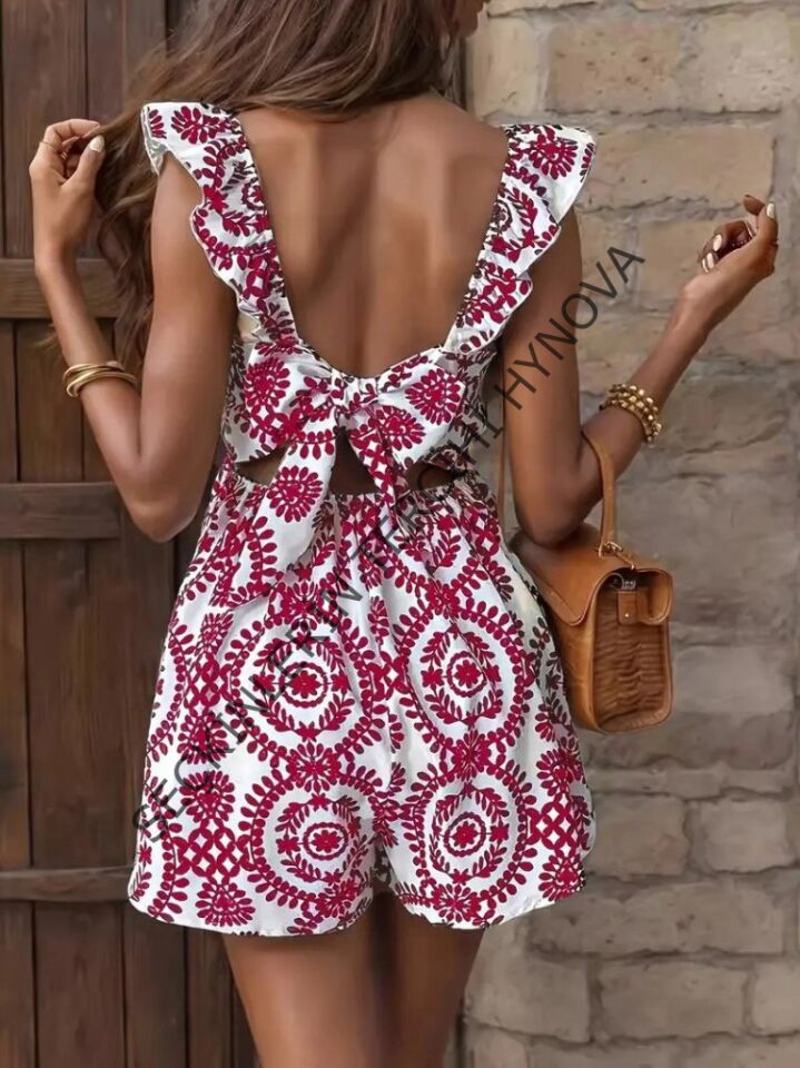 Kadın Askılı Kare Yakalı Arkadan Bağcıklı Desenli Keten Tulum