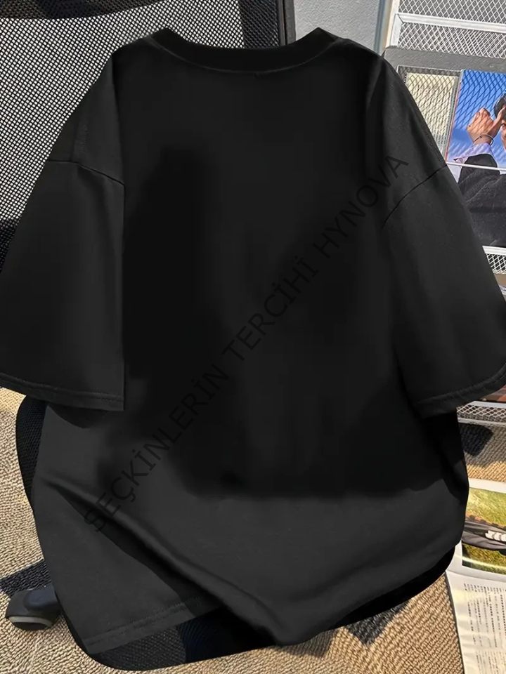 Baskılı Oversize Bisiklet Yaka T-shirt - Siyah