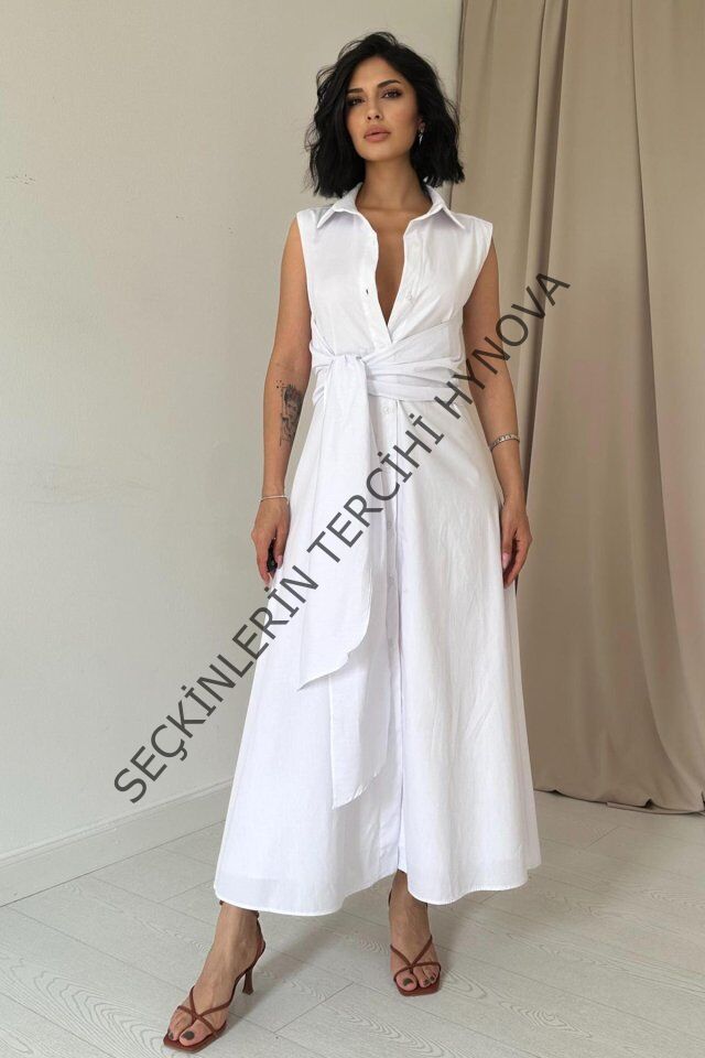 Beyaz Gömlek Yaka Bağlamalı Elbise