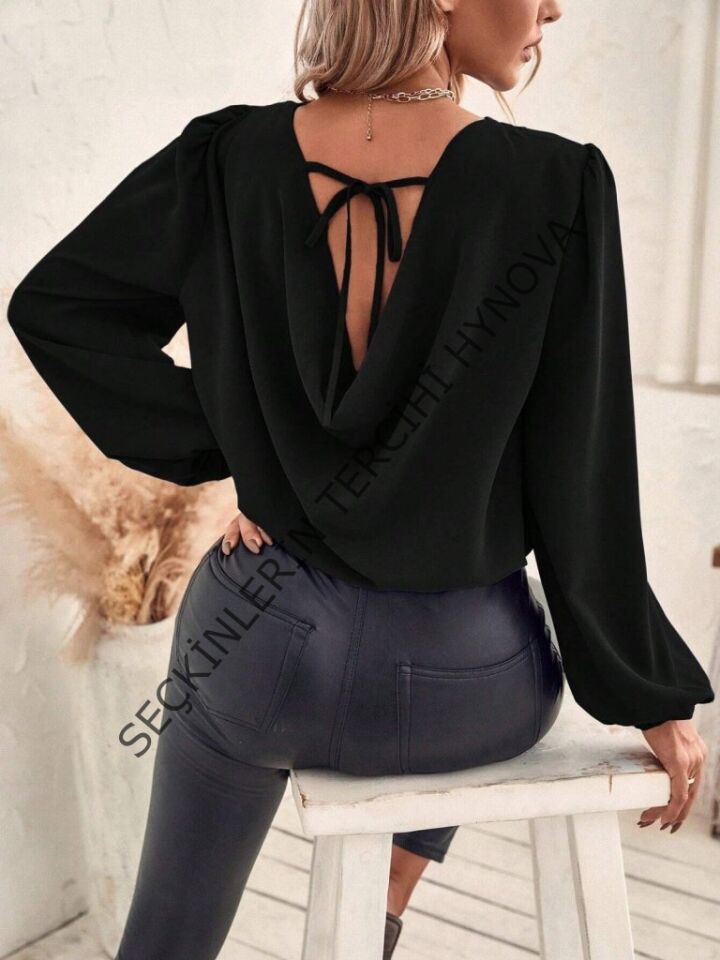 Kadın Uzun Kollu Yuvarlak Yaka Arkadan Bağcıklı Salaş Ithal Krep Bluz