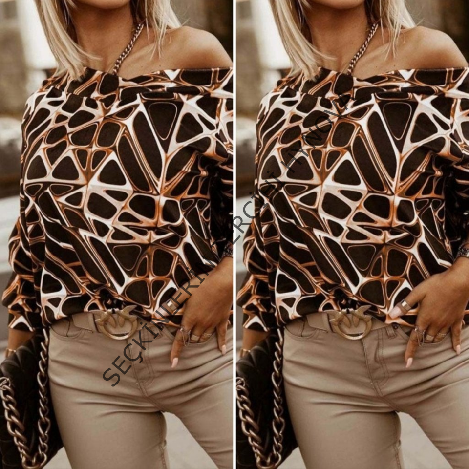 Kadın Uzun Kollu V Yaka Düşük Omuz Geometrik Desen şardonlu Dalgıç Bluz