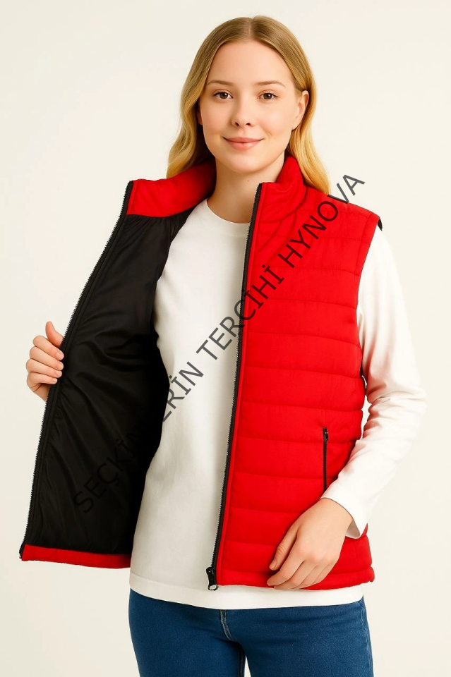 Şişme Fermuarlı Yelek Su Itici Kapitone Astarlı Kumaş Cepli Hafif Kışlık Spor Rahat Kalıp - Kırmızı