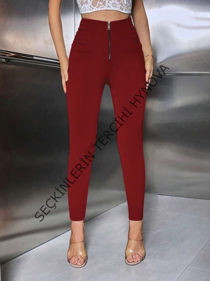 Kadın Yüksek Belli önden Fermuar Ve Nervur Detaylı Dalgıç Tayt