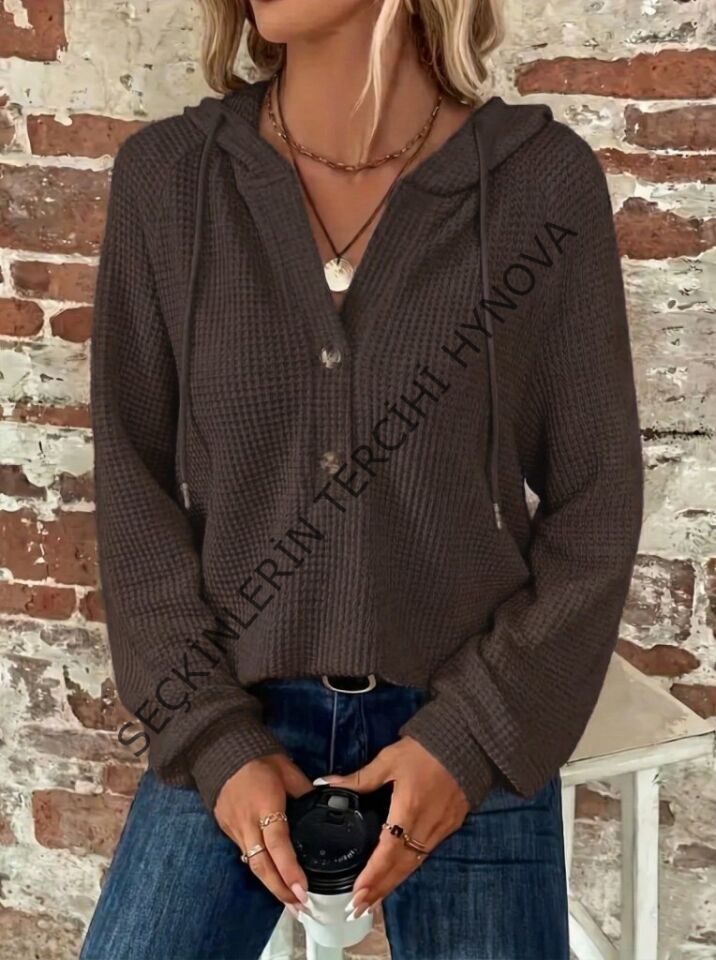 Kadın Uzun Kollu Kapşonlu önü Düğmeli Ve Bağcıklı Waffle Bluz