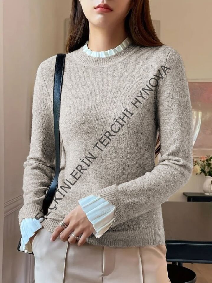 Kadın Uzun Kollu Fırfırlı Yakalı Triko Krem Bluz