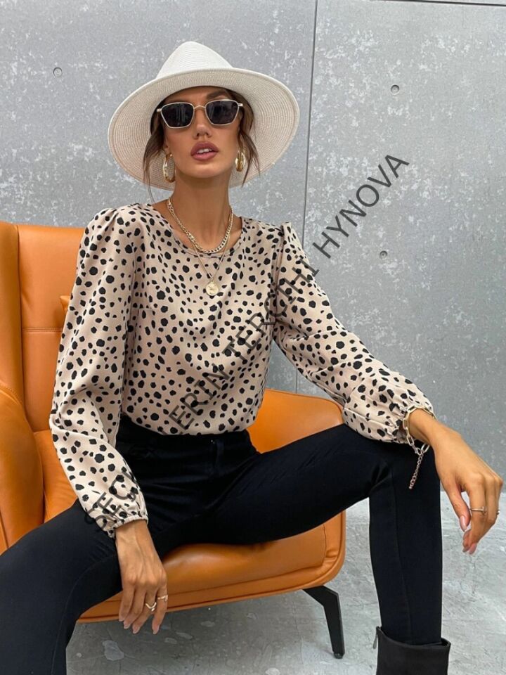 Kadın Uzun Kollu Bisiklet Yaka Desenli Bluz