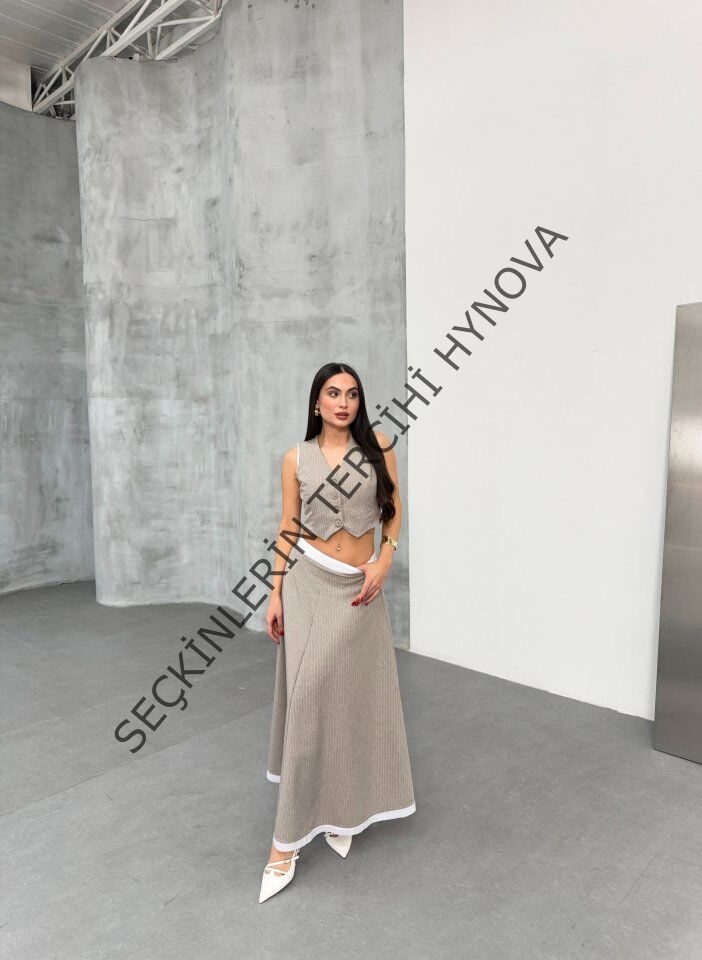 Gi̇o Çi̇zgi̇li̇ Garni̇li̇ Mi̇di̇ Etek Yelek Takim