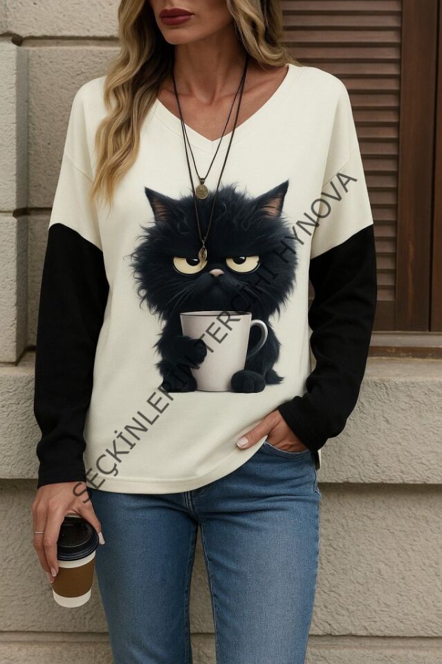 Kadın Uzun Kollu V Yakalı Kedi Baskılı şardonlu Dalgıç Bluz