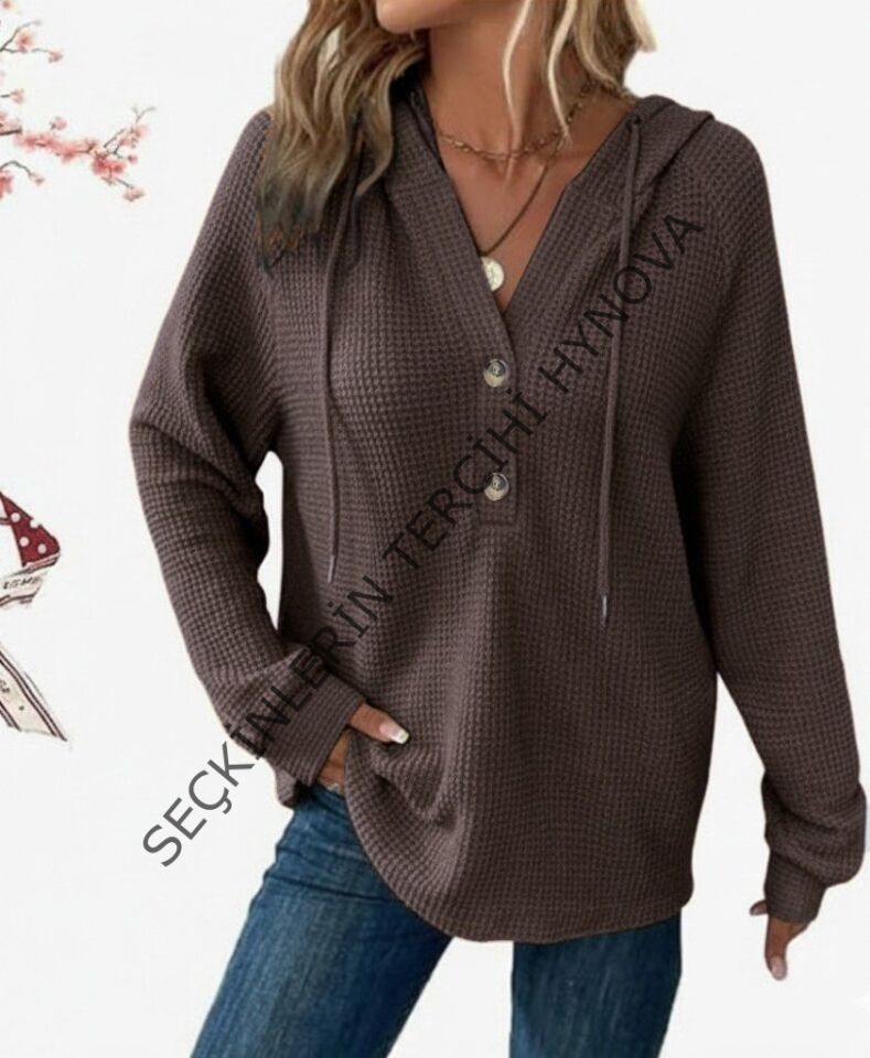Kadın Uzun Kollu Kapşonlu önü Düğmeli Ve Bağcıklı Waffle Bluz
