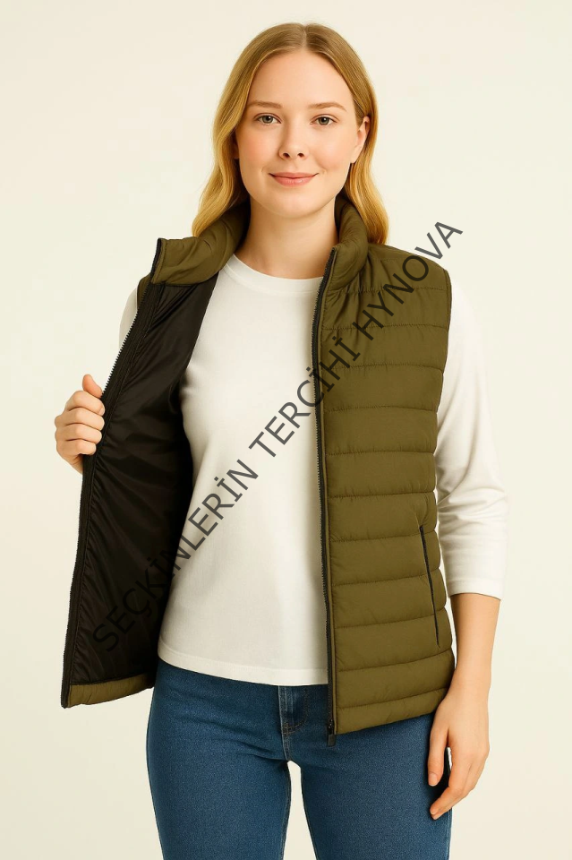 Şişme Fermuarlı Yelek Su Itici Kapitone Astarlı Kumaş Cepli Hafif Kışlık Spor Rahat Kalıp - Haki