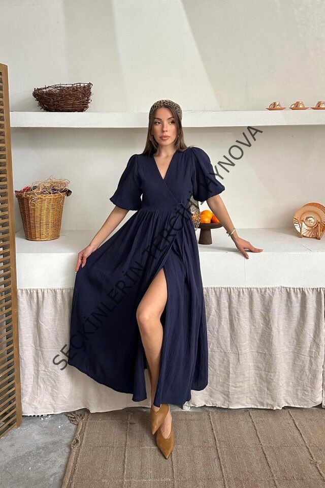 Lacivert Müslin Uzun Elbise