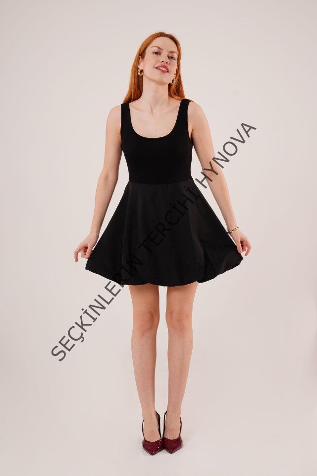 Kalın Askılı Balon Etek Siyah Mini Elbise