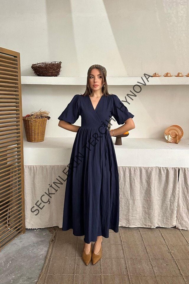 Lacivert Müslin Uzun Elbise