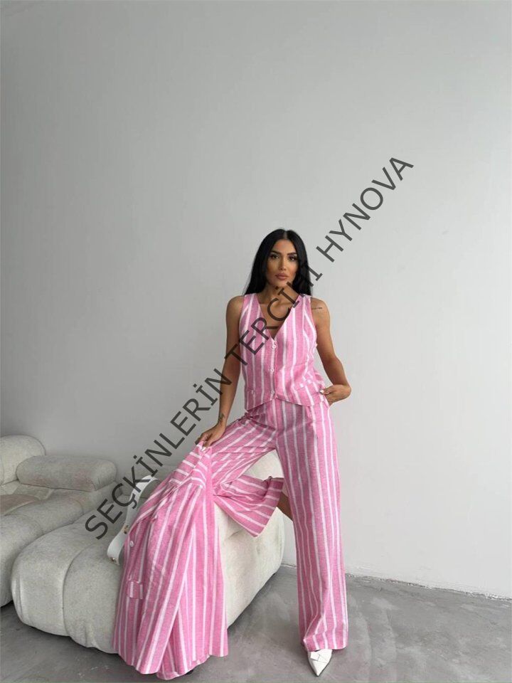 ÇİZGİLİ CEKET KETEN - Pembe