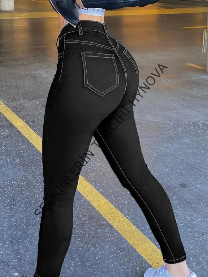 Kadın Yüksek Bel önden Düğmeli Dar Kesim Kot Pantolon