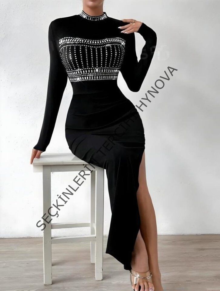 Kadın Yarım Balıkçı Yaka Taş Işemeli Bacak Dekolteli Maxi Boy Elbise