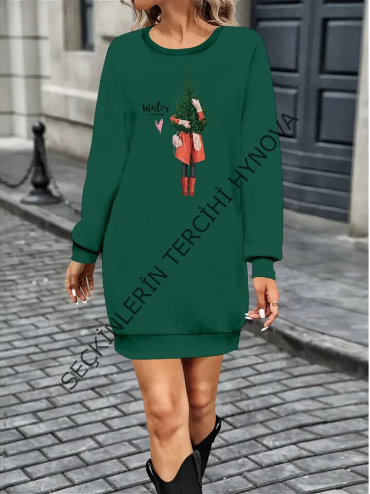 Kadın Uzun Kollu Bisiklet Yaka Desenli Kısa Viskon Iki Iplik Elbise