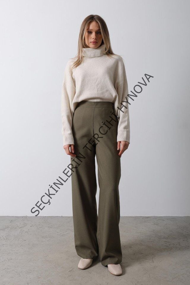 Beli Yarım Lastikli Palazzo Pantolon - Haki