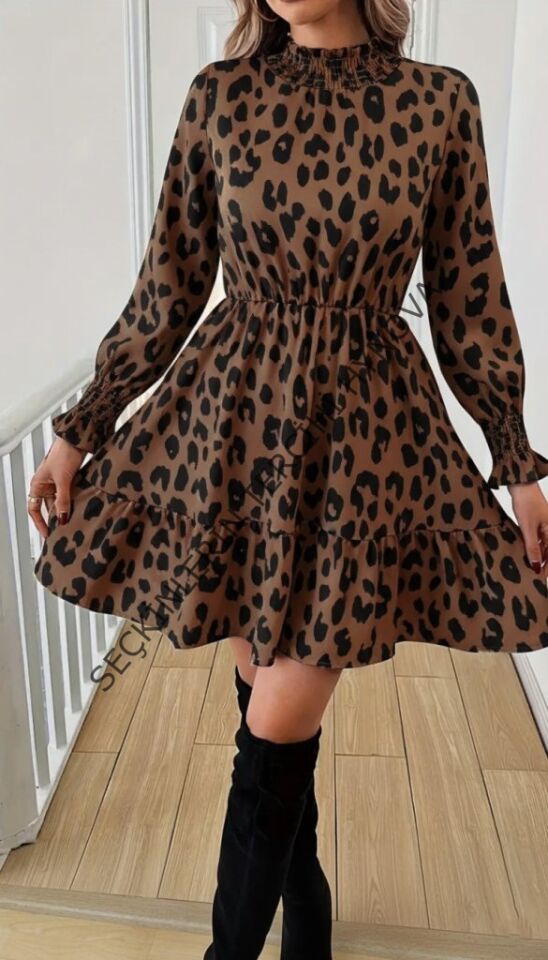 Kadın Uzun Kollu Yarı Balıkçı Yaka Leopar Desenli Modal Mini Elbise