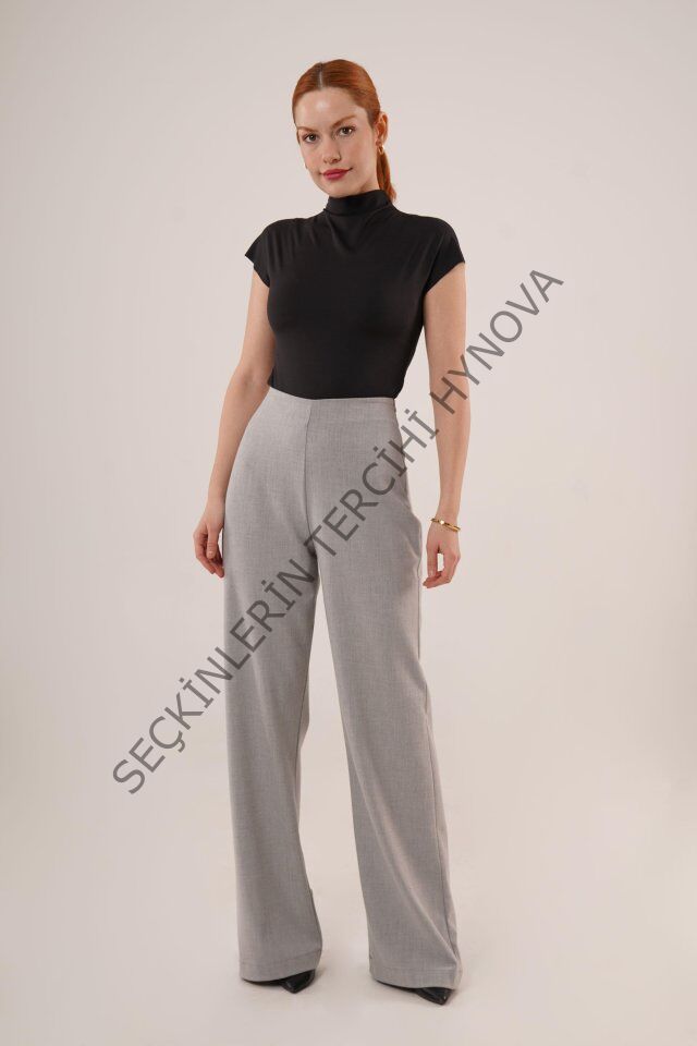Bol Paça Yandan Fermuarlı Gri Kumaş Pantolon