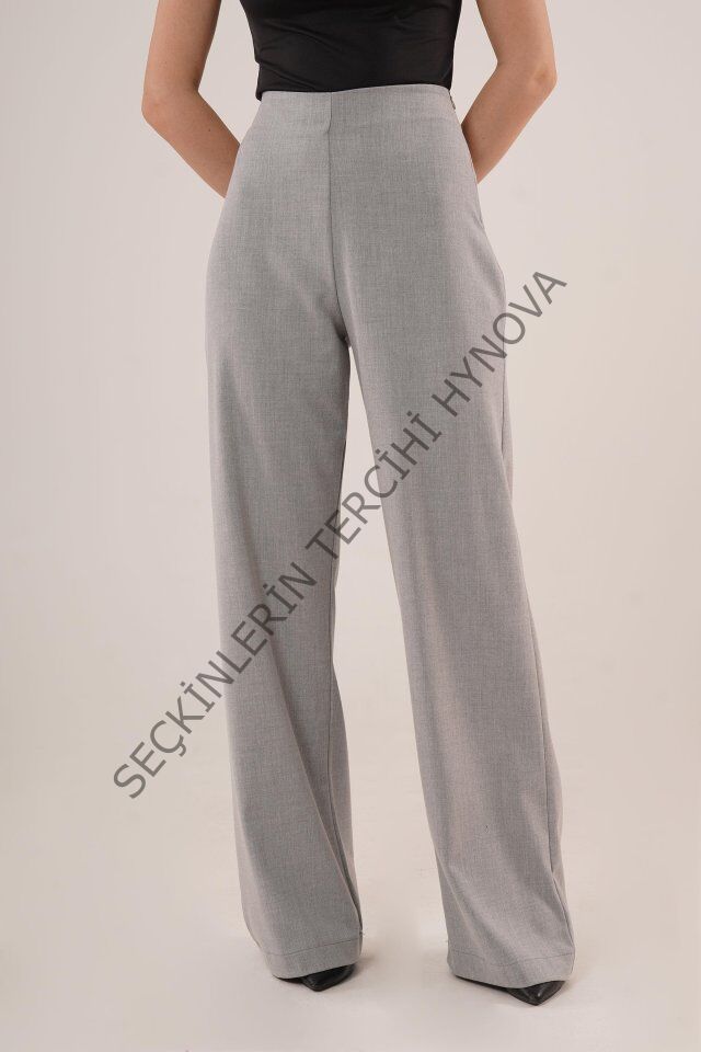 Bol Paça Yandan Fermuarlı Gri Kumaş Pantolon