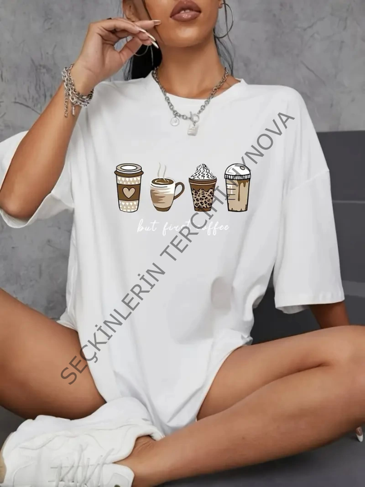 Baskılı Oversize Bisiklet Yaka T-shirt - Beyaz