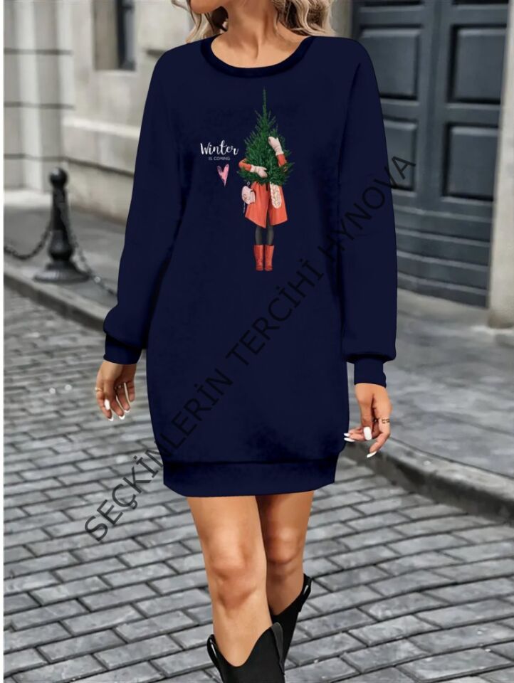 Kadın Uzun Kollu Bisiklet Yaka Desenli Kısa Viskon Iki Iplik Elbise