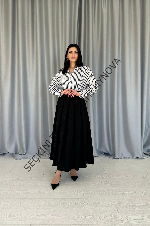 Siyah Uzun Pileli Etek