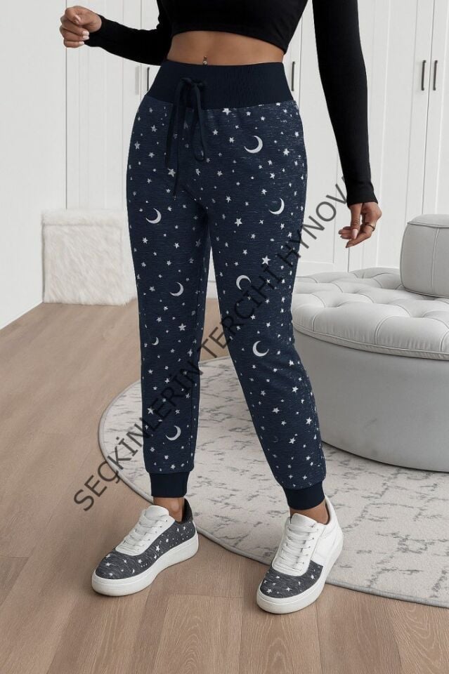 Kadın Yüksek Bel Bağcıklı Desenli Iki Iplik Pantolon