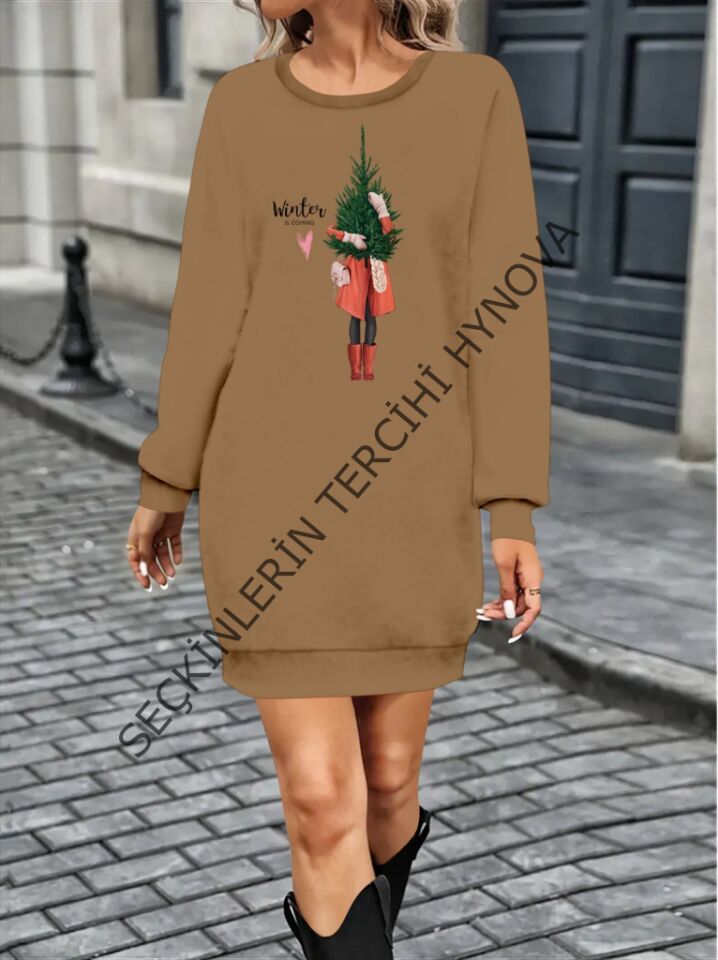 Kadın Uzun Kollu Bisiklet Yaka Desenli Kısa Viskon Iki Iplik Elbise