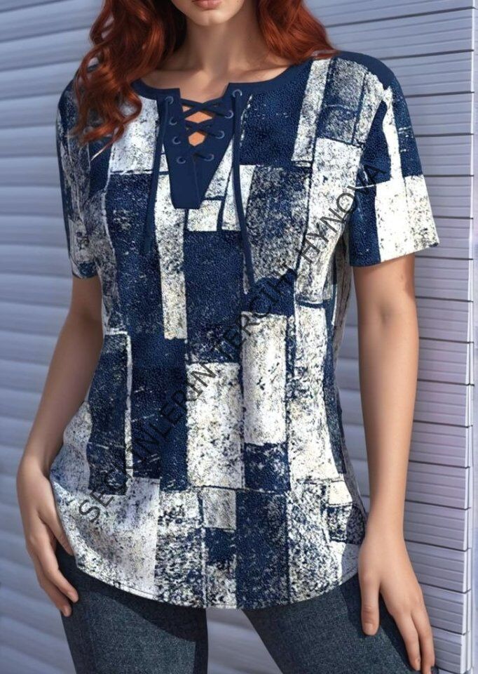 Kadın Kısa Kollu Yakası Bağcıklı Kuş Gözü Detay Süprem Bluz